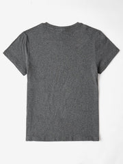 Dark gray t-shirt with short sleeves and a crew neck.