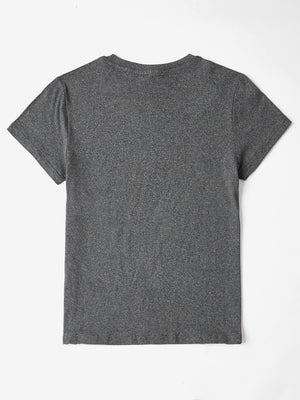 Dark gray t-shirt with short sleeves and a crew neck.