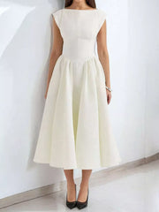 Elegant white cap sleeve A-line midi dress with boat neck and full skirt.