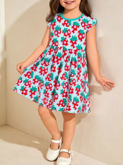 Baby dress with strawberry print, ruffle sleeves, and gathered skirt.