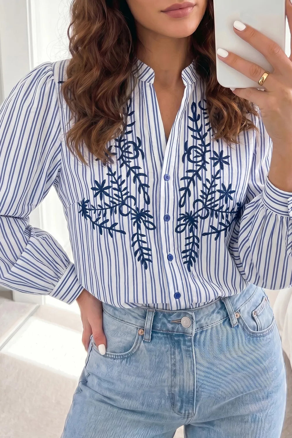 Stripe Embroidered Button Front Long Sleeve Shirt, front view