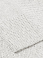 Ribbed trim V-neck knit sweater in Cloudy Blue, showing close-up of textured knit fabric and ribbed cuff.