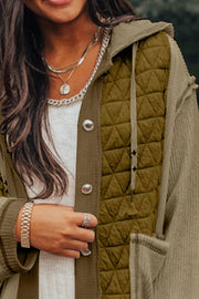 Olive quilted panel waffle knit hoodie with adjustable drawstring and button details.