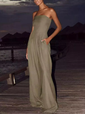 Khaki strapless wide-leg maternity romper with pockets
