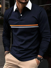Navy long sleeve polo with white collar and orange, white, and grey chest stripe detail.
