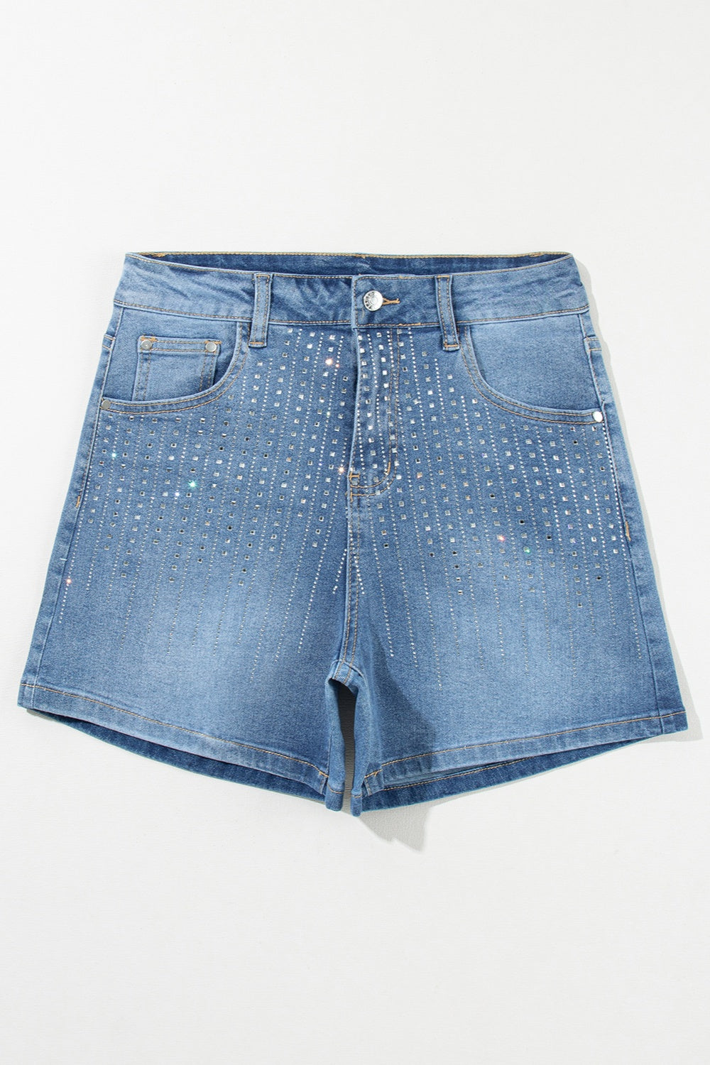 Embellished denim high-rise shorts in medium wash with all-over rhinestone detail.