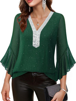 Green sequin v-neck blouse with bell sleeves and scattered glitter detail.