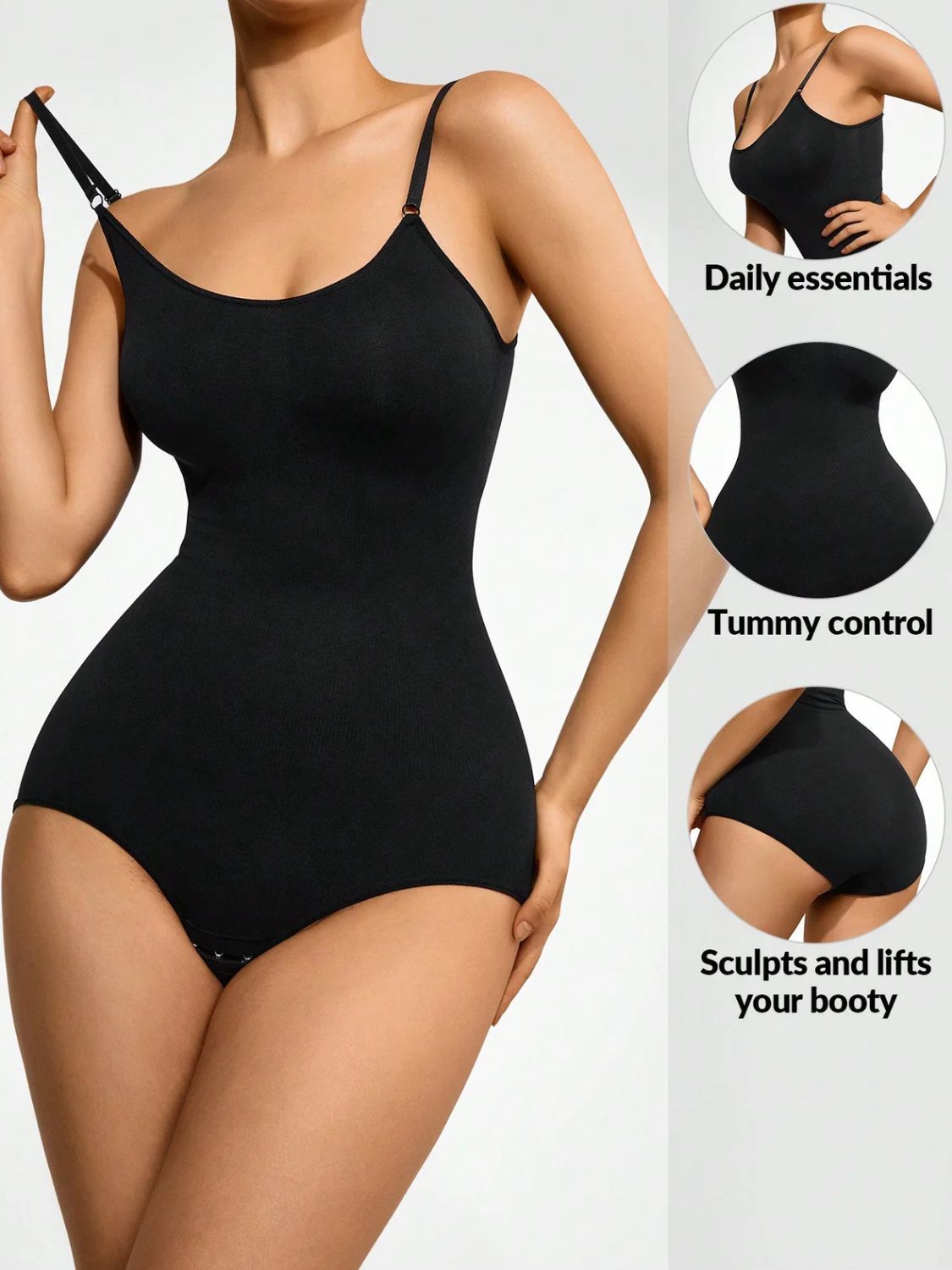 Black ribbed contour shaping bodysuit with adjustable spaghetti straps and a seamless brief cut.