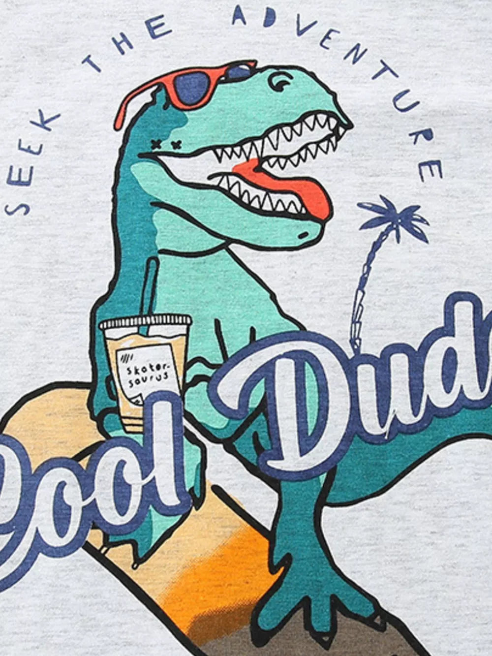 Toddler graphic t-shirt with a cool dinosaur wearing sunglasses and holding a drink.