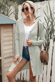 Light gray button-down maxi cardigan with long sleeves and a relaxed fit.