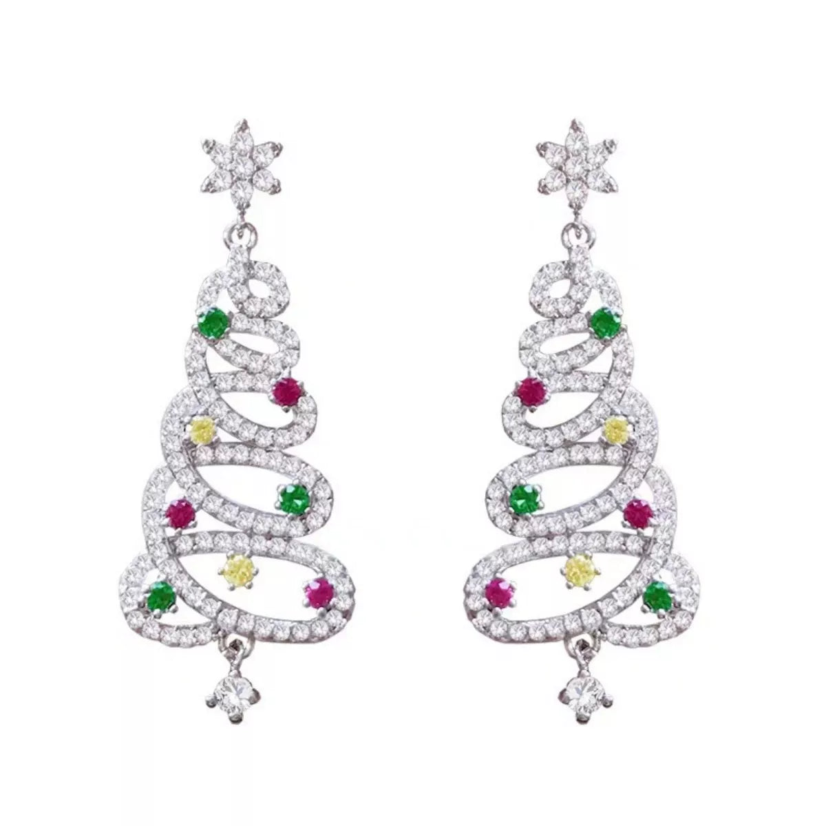 Silver Christmas tree dangle earrings with colorful gemstone accents and a star topper.