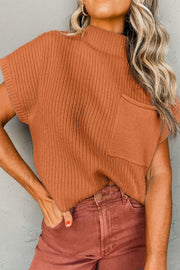 Caramel ribbed knit mock neck sleeveless top with a chest pocket.