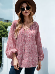 Deep Red spotted print blouse with off-the-shoulder neckline and balloon sleeves.