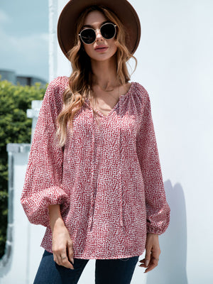 Deep Red spotted print blouse with off-the-shoulder neckline and balloon sleeves.