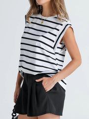 White and black striped tank top with padded shoulders and a crew neck.