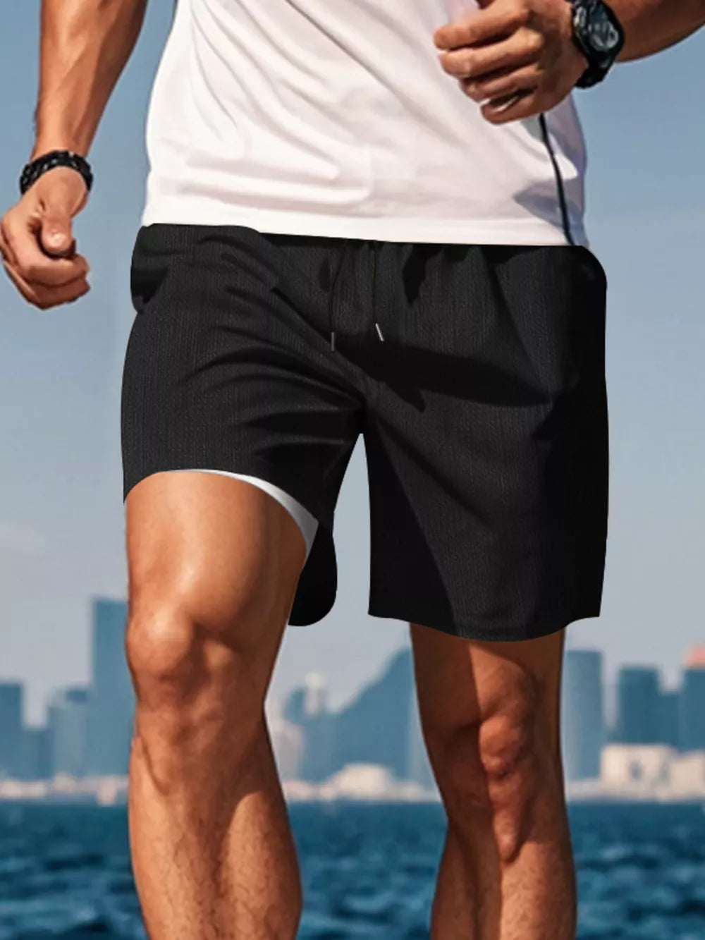 Men's Drawstring Casual Shorts in White, fit detail