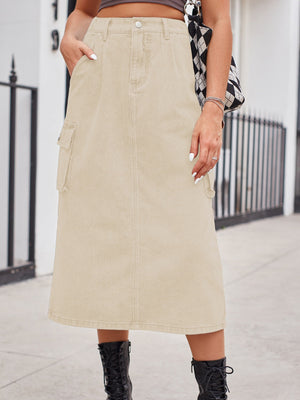 Tan denim midi skirt with side cargo pocket and front slit