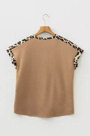 Camel relaxed fit t-shirt with leopard print trim on sleeves and neckline.