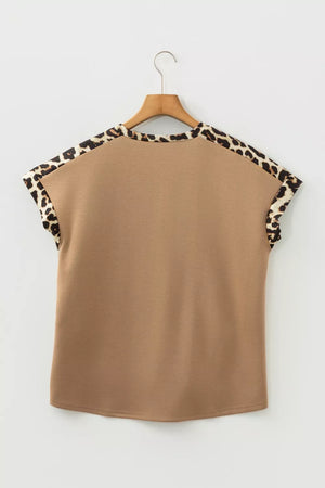 Camel relaxed fit t-shirt with leopard print trim on sleeves and neckline.