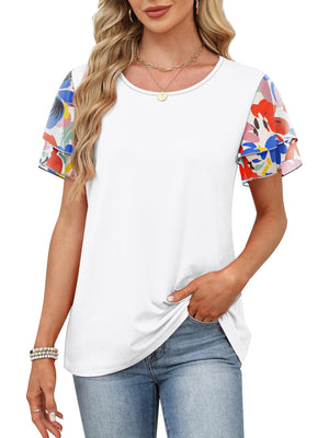 White t-shirt with layered ruffled short sleeves in a multicolor floral print.