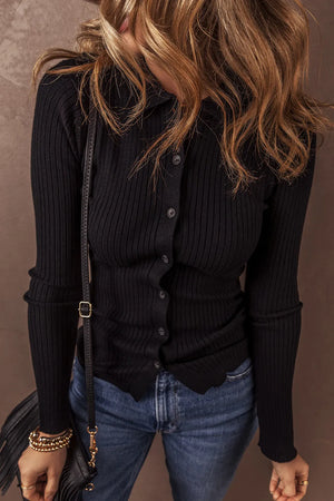 Black ribbed knit polo cardigan with button front and scalloped hem