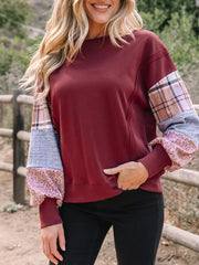 Plaid Colorblock Patchwork Sleeve Sweatshirt in Burgundy, back view
