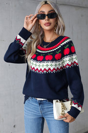 Dark blue acrylic sweater with festive Fair Isle apple motif, crew neck, long sleeves.