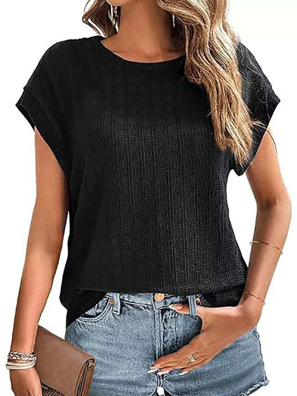 Textured Round Neck Short Sleeve Top in Malachite Green, view 14
