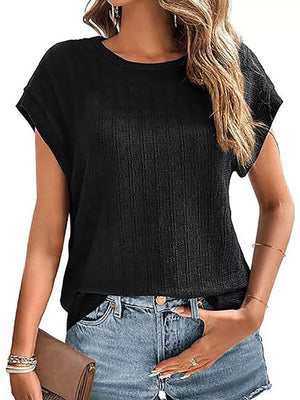 Textured Round Neck Short Sleeve Top in Malachite Green, view 14