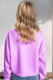 Heliotrope purple ribbed knit sweater with long sleeves.
