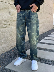 Men's heritage-inspired floral print denim jeans, relaxed fit, blue wash