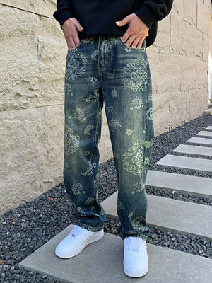 Men's heritage-inspired floral print denim jeans, relaxed fit, blue wash
