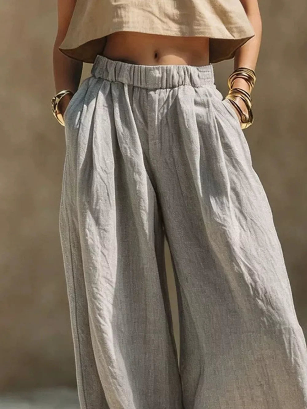 Full Size Elastic Waistband Wide Leg Pants in Beige, back view