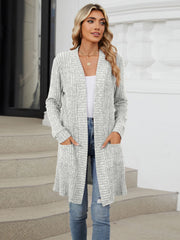 Light Gray textured ribbed knit duster cardigan with pockets and long sleeves.