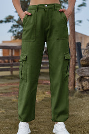 Army green cargo pants with multiple pockets and a relaxed fit.