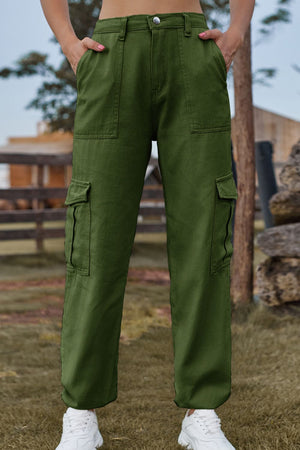 Army green cargo pants with multiple pockets and a relaxed fit.