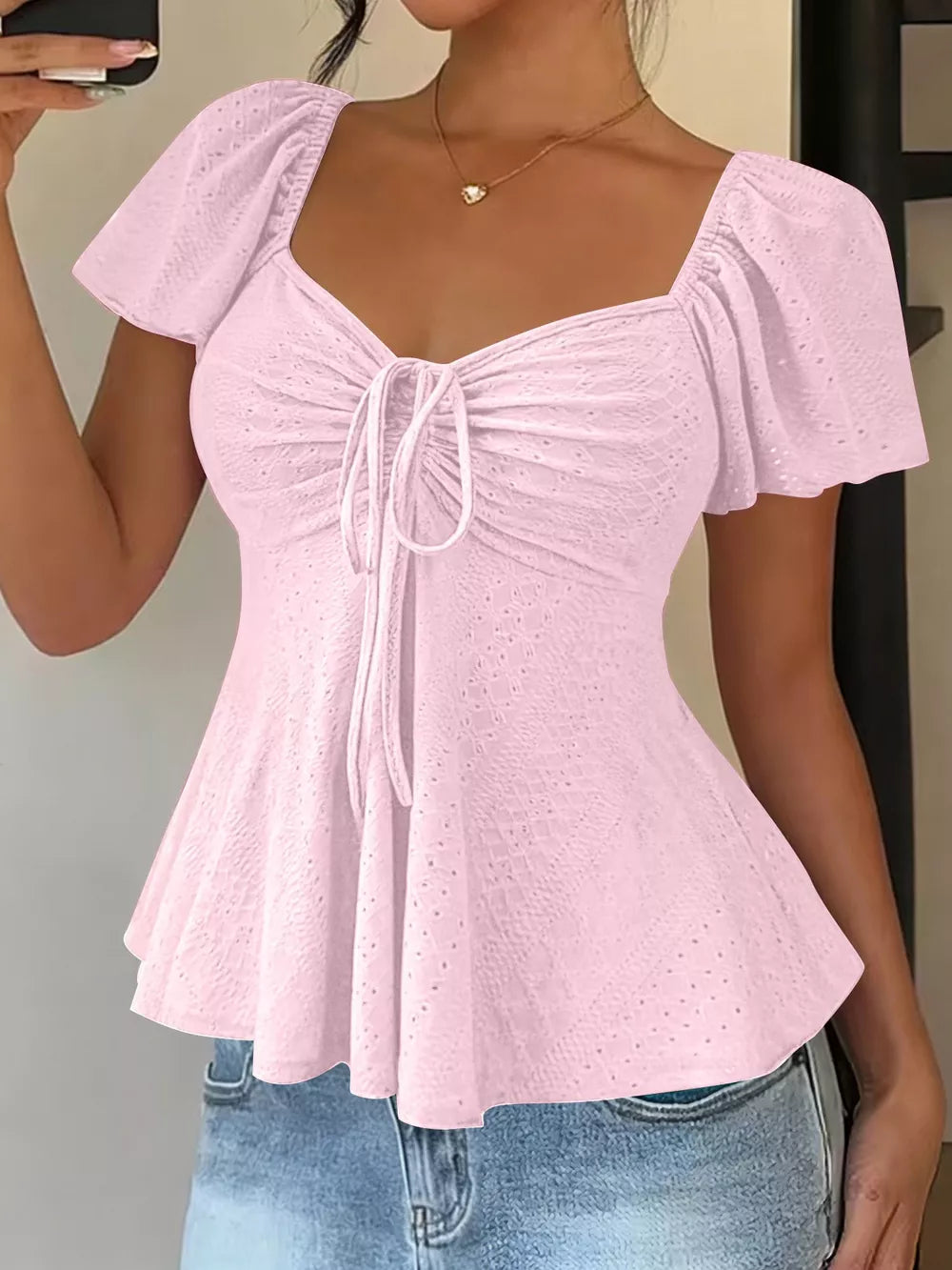 Ruched Flutter Sleeve Peplum Top in Yellow, fit detail
