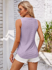 Lavender eyelet button-down sleeveless top with a textured pattern.