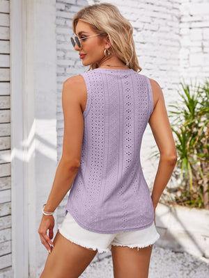 Lavender eyelet button-down sleeveless top with a textured pattern.