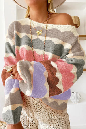 Scalloped stripe off-the-shoulder knit sweater with boat neckline and acrylic material.