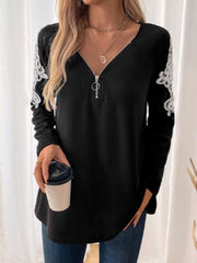 Black ribbed knit zip-front top with white lace trim on sleeves and V-neck.