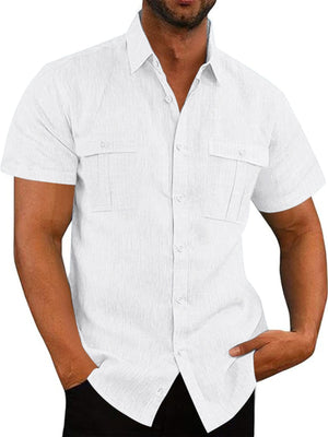 White short sleeve button-down shirt with two chest pockets and collared neckline