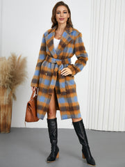 Belted bouclé overcoat with plaid pattern in blue and brown, featuring a tie waist.