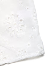 White eyelet embroidered maternity overshirt with floral cutouts and button-up detail.