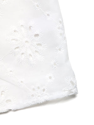 White eyelet embroidered maternity overshirt with floral cutouts and button-up detail.