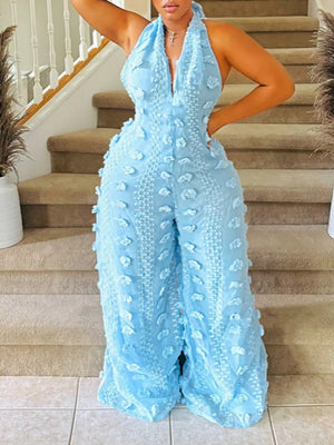 Textured Halter Wide-leg Jumpsuit in Blue, front view