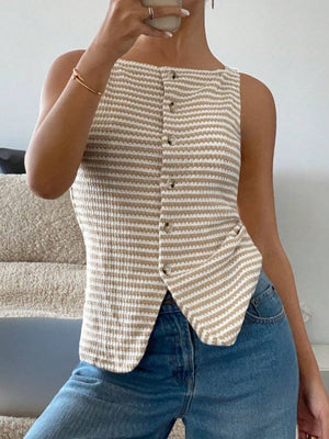 Textured stripe button-down tank top in tan with a square neckline and button closure.