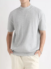 Light gray ribbed knit mock neck men's t-shirt with short sleeves.