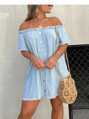 Light blue denim off-shoulder dress with frayed hem and button front.