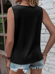 Black tank top with slit detail and knot accent, casual sleeveless top